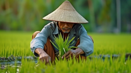 The Farmer planting on the organic paddy rice farmland. GENERATE AIの素材