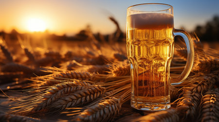 Beer cup with frothy head in luscious golden barley field. GENERATE AIの素材