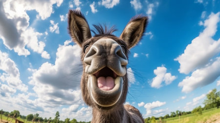 cute black donkey grinning against a clear sky. GENERATE AIの素材