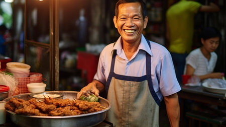 Bringing a dish of chicken noodles to clients on a stall cart, a vendor smiles.  GENERATE AIの素材