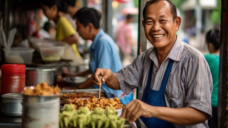 Bringing a dish of chicken noodles to clients on a stall cart, a vendor smiles.  GENERATE AIの素材