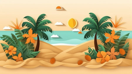 vector design of the summer season. Tropical holiday accents over a sandy beach background for enjoyment of a day trip outside. A vector artwork.  GENERATE AIの素材