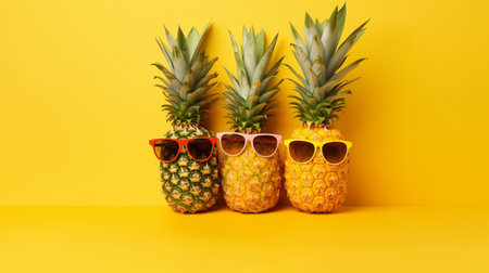 On a vivid yellow backdrop, pineapple, coconut, and sunscreen wearing sunglasses. GENERATE AIの素材