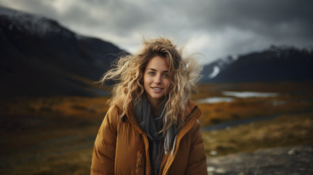 Young woman smiling in a portrait while standing at a mountain on a windy day with some of her hair floating about. GENERATE AIの素材
