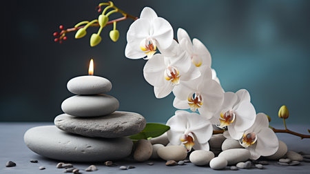 A flat lay with a white orchid bloom on a gray, textured backdrop with room for writing. GENERATE AIの素材