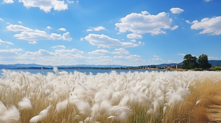 turquoise sky with fluffy clouds set against reeds and trees. A natural setting. room for copying. GENERATE AIの素材