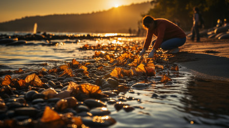 Man picking up rubbish on the beach as a volunteer. Ecology idea. GENERATE AIの素材