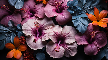 a vibrant blossom on a natural background of dark tropical foliage. GENERATE AIの素材