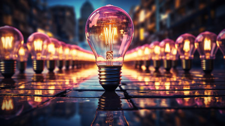 Blue and pink neon glows from a lightbulb illuminate the floor's reflection in 3D on a digital network.の素材