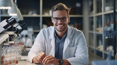 Researchers work in luxurious, contemporary labs. It includes a microscope, glasses, and beakers. while monitors maneuver about him.の素材