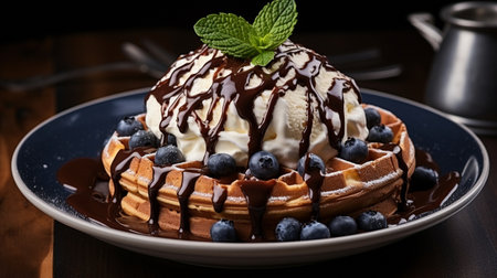 On the table is a plate of delectable chocolate Belgian waffles with ice cream and blueberries.の素材