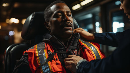 A cervical collar is applied by a paramedic to a guy who has been hurt in an automobile accident.の素材