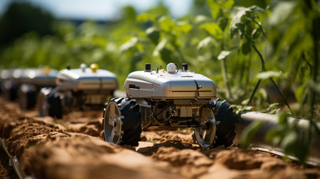 Robotic farm equipment on a tomato field.の素材