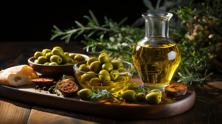 Fresh olives with olive oil on aged wood.の素材