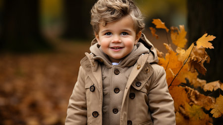 Full body of a autumn portrait of happy little boy.の素材