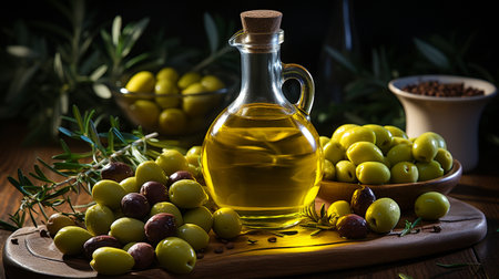 Fresh olives with olive oil on aged wood.の素材