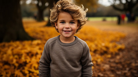 Full body of a autumn portrait of happy little boy.の素材