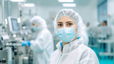 Woman running manufacturing line in sterile atmosphere of pharmaceutical factory while wearing safety clothes.の素材