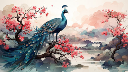 Cranes fluttering, a peacock perched on a branch, and plum blossoms form a lovely backdrop.の素材
