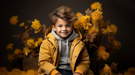 Full body of a autumn portrait of happy little boy.の素材