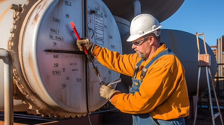 A technician recording and monitoring gauge readings on a steel tank.の素材