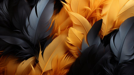 Beautiful abstract wallpaper header with a background of black and gold feathers.の素材