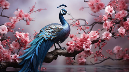 Cranes fluttering, a peacock perched on a branch, and plum blossoms form a lovely backdrop.の素材