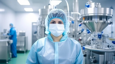 Woman running manufacturing line in sterile atmosphere of pharmaceutical factory while wearing safety clothes.の素材
