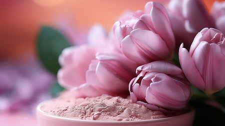 lovely pink blossom resting in pink powder.postcard, cosmetics, macro, naturalness, beauty, romance, and banner.の素材