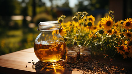 Organic sunflower oil, sunflower seeds, and fresh flowers in a little glass jar.の素材