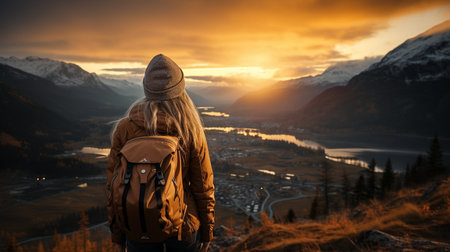 On the summit of the mountain, a young woman tourist enjoying the sunset. A traveler against a mountainous backdrop.の素材