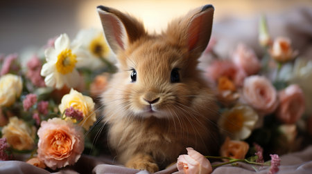 Beautiful rabbit wearing a crown of flowers.の素材