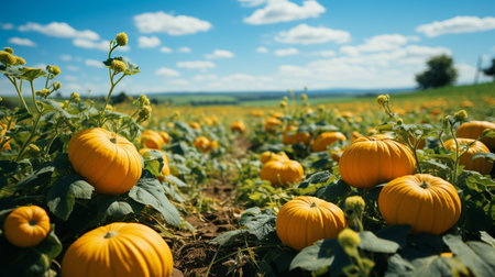 A peaceful pumpkin patch with natural light and a blue sky.の素材