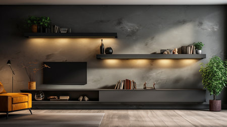 bookcase and contemporary marble TV wall. inside decorating of a home. Illustrations in three dimensions.の素材