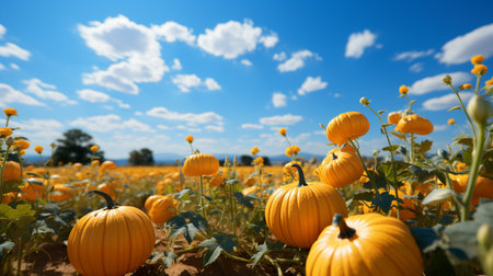 A peaceful pumpkin patch with natural light and a blue sky.の素材