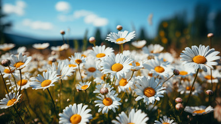 Green grass and lovely white daisies are flourishing in a meadow.の素材