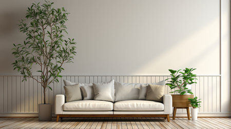 Modern living room with white wall, plant, and no furniture.の素材