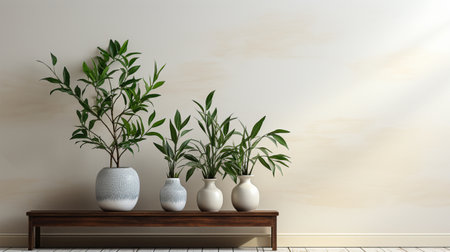 Modern living room with white wall, plant, and no furniture.の素材