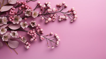 flower arrangement. Eucalyptus leaves and pink blossoms on a pale pink backdrop. top perspective, copy space, and a flat layの素材