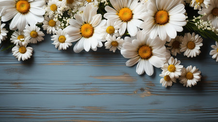 Summer chamomile flat lay with daisy blossoms on white wooden backdrop. Birthday, Valentine's Day, Mother's Day, or wedding themes. a top view. Space for copying.の素材