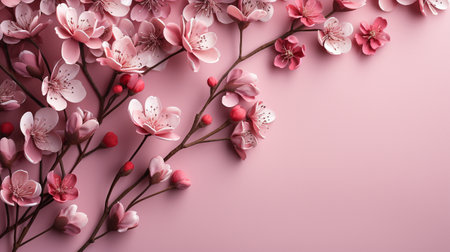 flower arrangement. Eucalyptus leaves and pink blossoms on a pale pink backdrop. top perspective, copy space, and a flat layの素材