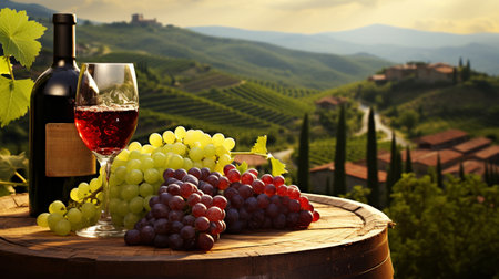 In the lush Tuscany of Italy, a red wine barrel is on a vineyard. 
In the lush Tuscany of Italy, a red wine barrel is on a vineyard.の素材