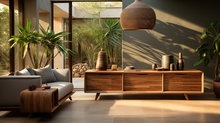a three-door, hyper-realistic teak and rattan sideboard in a modern tropical mansion.の素材