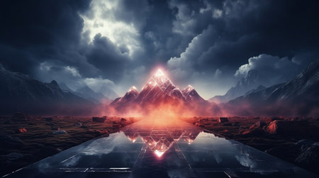 Stormy cloud over the night sky, neon geometric form, and abstract futuristic background in 3D rendering. Frame with a rhombus copy space.の素材