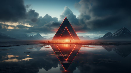 Stormy cloud over the night sky, neon geometric form, and abstract futuristic background in 3D rendering. Frame with a rhombus copy space.の素材