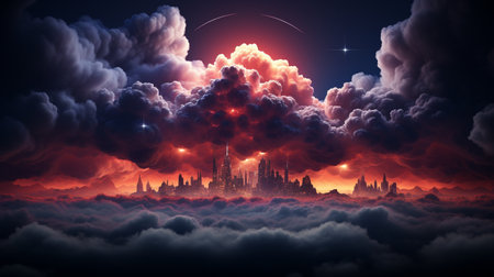 Stormy cloud over the night sky, neon geometric form, and abstract futuristic background in 3D rendering. Frame with a rhombus copy space.の素材