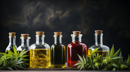 Bottles of cannabis oil with text space on a gray backdrop.の素材