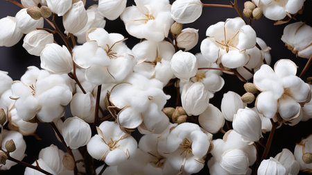 Background wallpaper texture of white fluffy cotton flowers.の素材