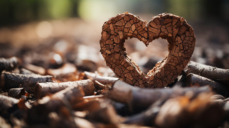 Background for Valentine's Day with a natural heart carved into a forest tree trunk.の素材