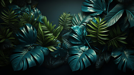 Neon lights in green and blue with tropical foliage.の素材